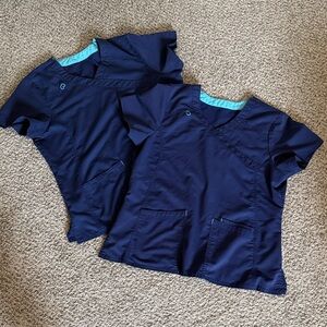 Bundle of TWO Navy Blue Scrub Tops Women’s Size Large V Neck Pockets